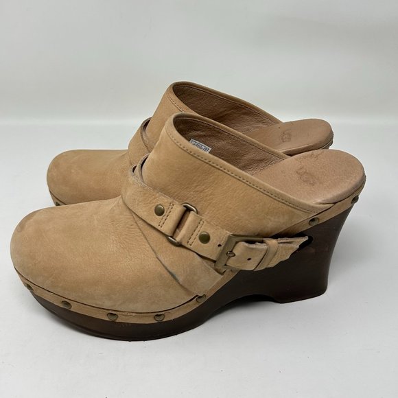 UGG Nubuck Leather Studded Slip On Wedge Mules Heels Womens - Picture 3 of 15